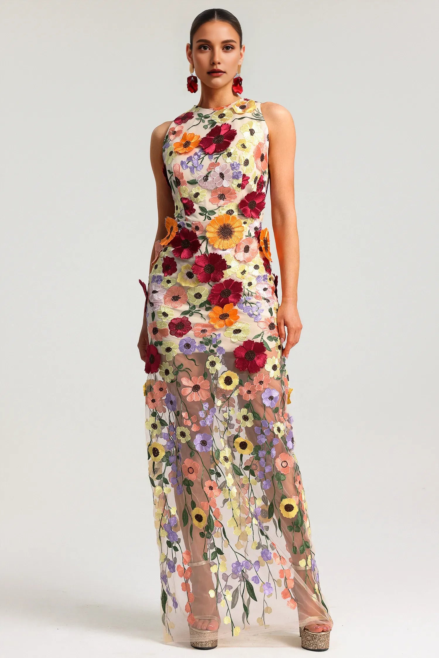 Robe Weitese sans manches, broderie de fleurs, robe longue fourreau, longueur au sol, robe de bal, fleur 3D
